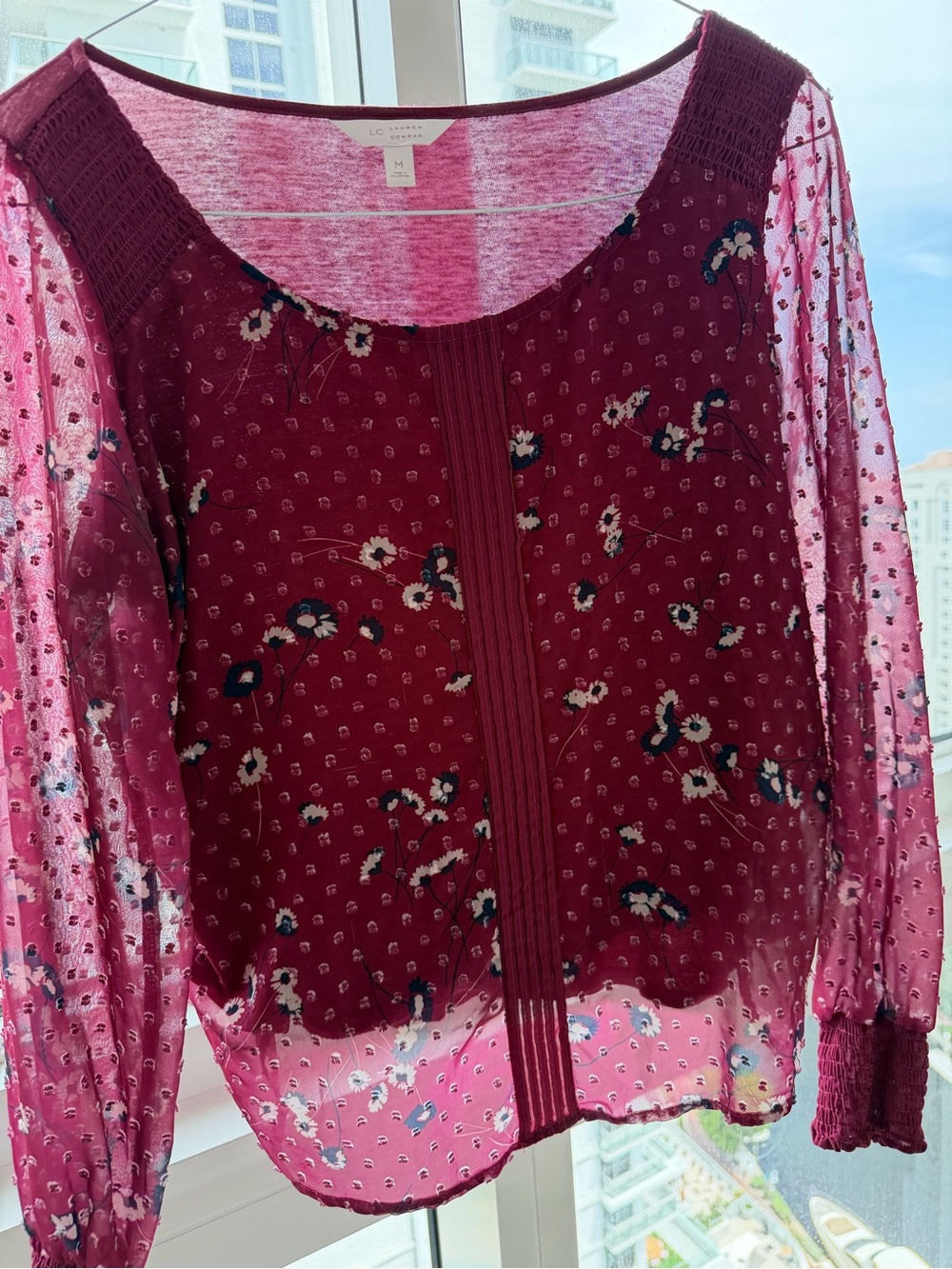 LC Lauren Conrad Burgundy Floral Sheer Long-Sleeve Blouse